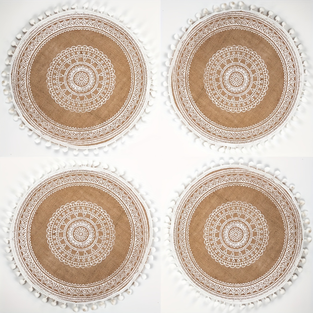 E-shop 4er/6er/8er Set Boho-Stil Runde Platzsets mit Pompons, Jute Platzsets, Rustikale Spitzenuntersetzer, Ideal für Restaurant-Küchentisch-Deko,