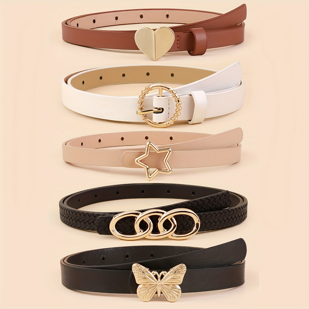 5pcs Skinny Thin Belts Women Solid PU Leather Classic Dress Belt