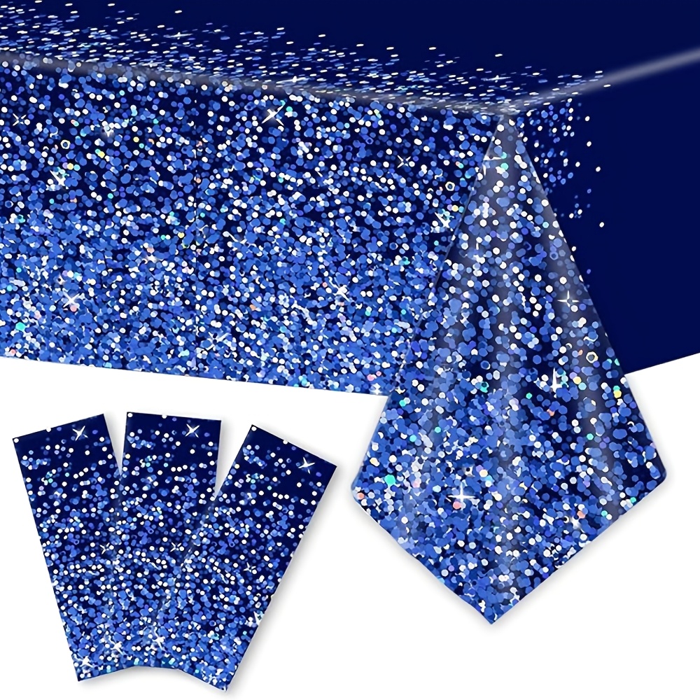 TEMU 3pcs Set Of Navy Blue Sequined Disposable Plastic Tablecloths, Covered With Sequins And Prints, Suitable For Graduation Celebrations, Birthday