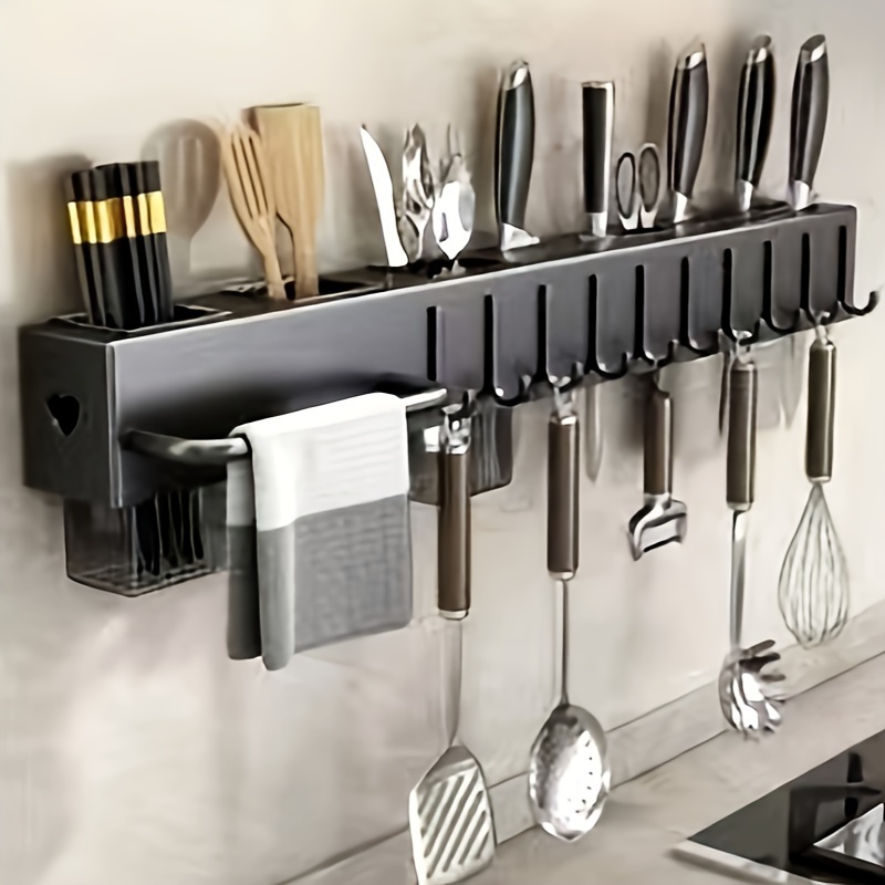 premium carbon steel kitchen organizer wall mounted no drill multi functional rack for knives forks spoons chopsticks with drainage and towel holder details 1