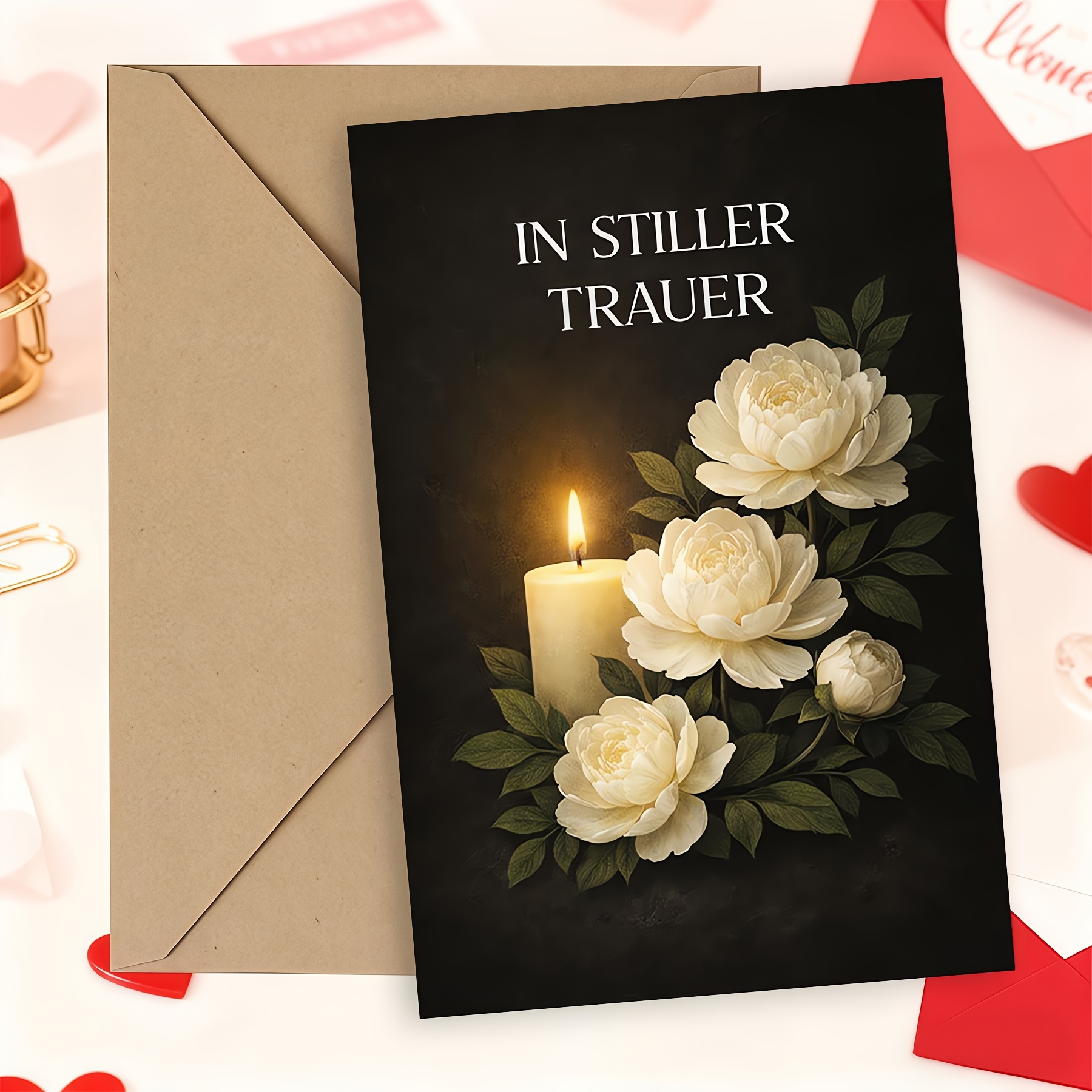 1set "in Silent " Card With Burning Candle And Peonies, Elegant Dark Background