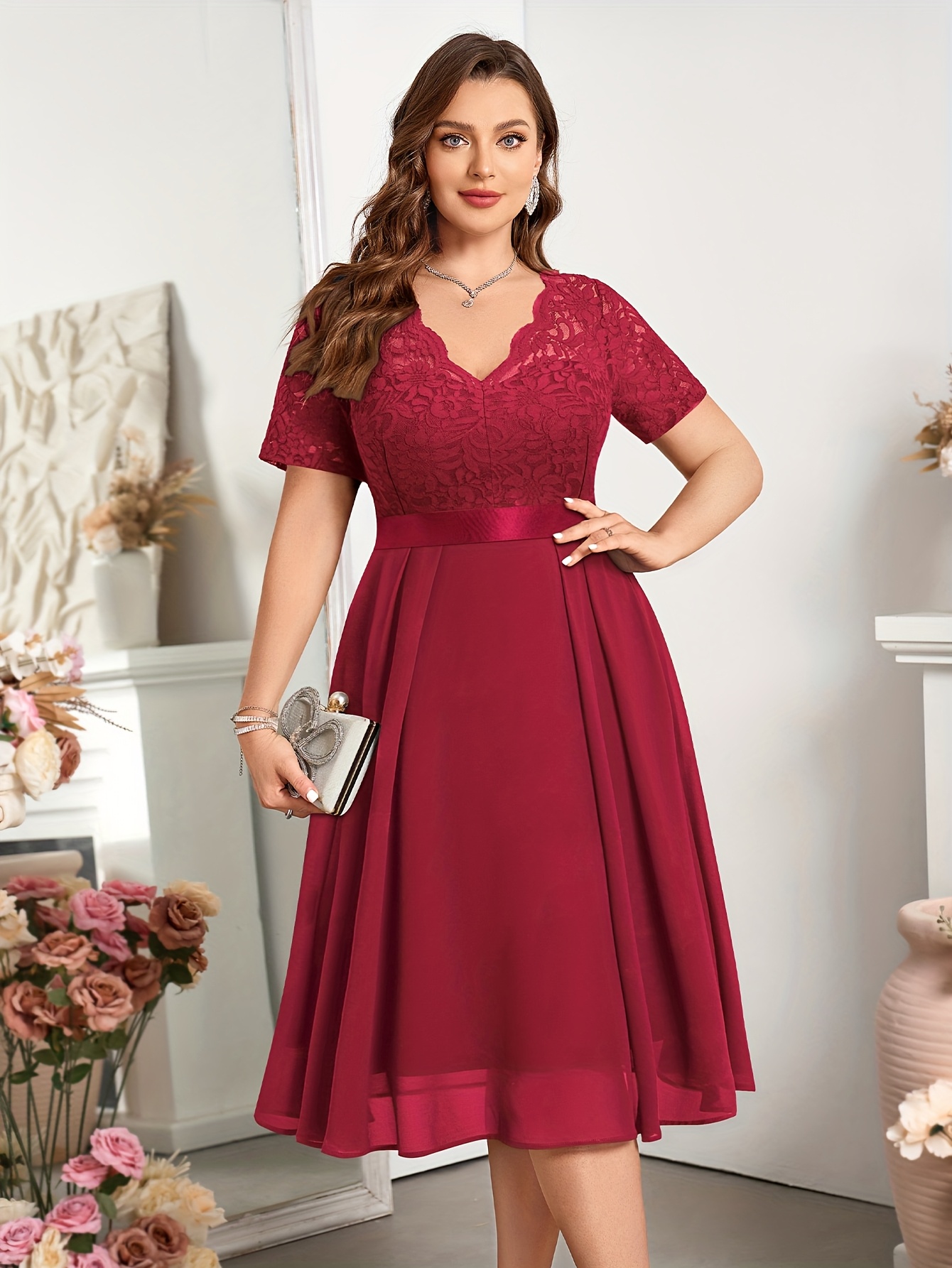 plus size plus size trendy stylish floral lace v neck dress - Temu