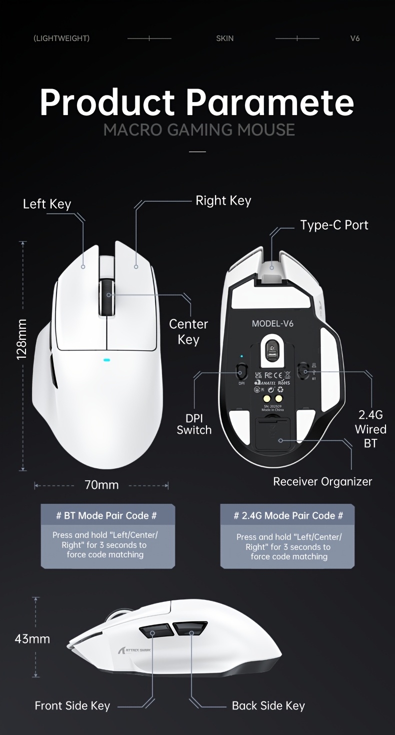 ATTACK SHARK V6 Wireless Gaming Mouse, 1000Hz, PAW3311, BK52820 Flagship Chip, 500mAh Battery, 25K DPI, 65g, Tri-Mode, Right-Hand Ergonomic, Mouse + RGB Charging Dock (Official Standard Accessory)
