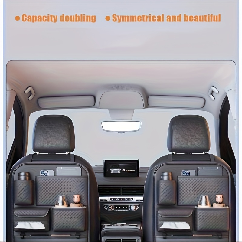 TEMU Single Piece Car Seat Back Organizer Featuring A Foldable Table, Made Of Faux Leather With Multiple Compartments For Storing Water Bottles,