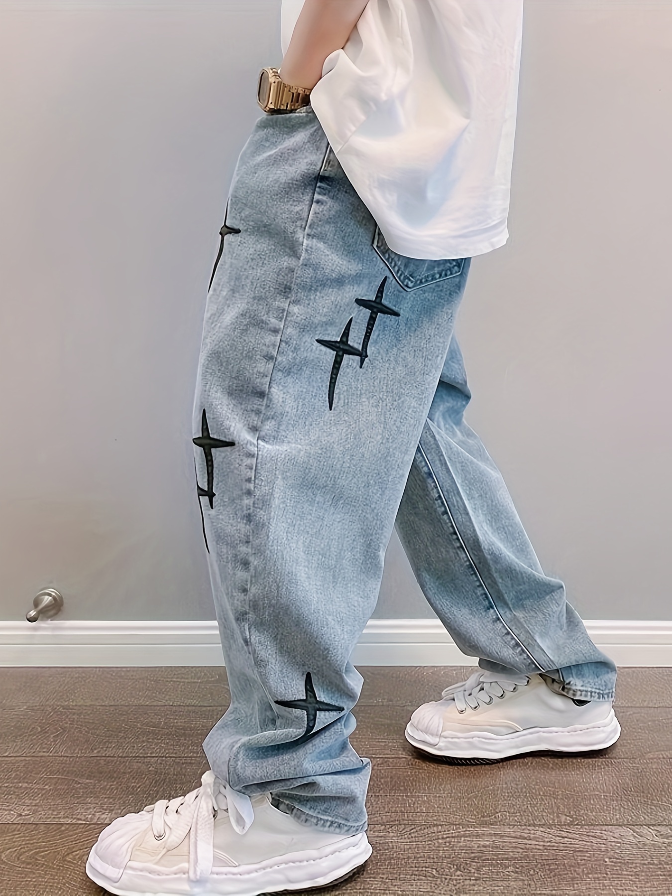 new mens star embroidery jeans baggy straight fashion wide - Temu