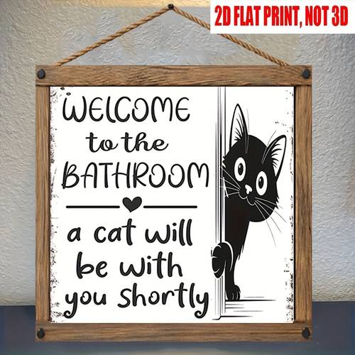 2d flat 1pc vintage cat themed bathroom wall sign artificial cat peeking door plaque with welcome to the bathroom a cat message pet office decor for cat owners wood hanging 2d flat