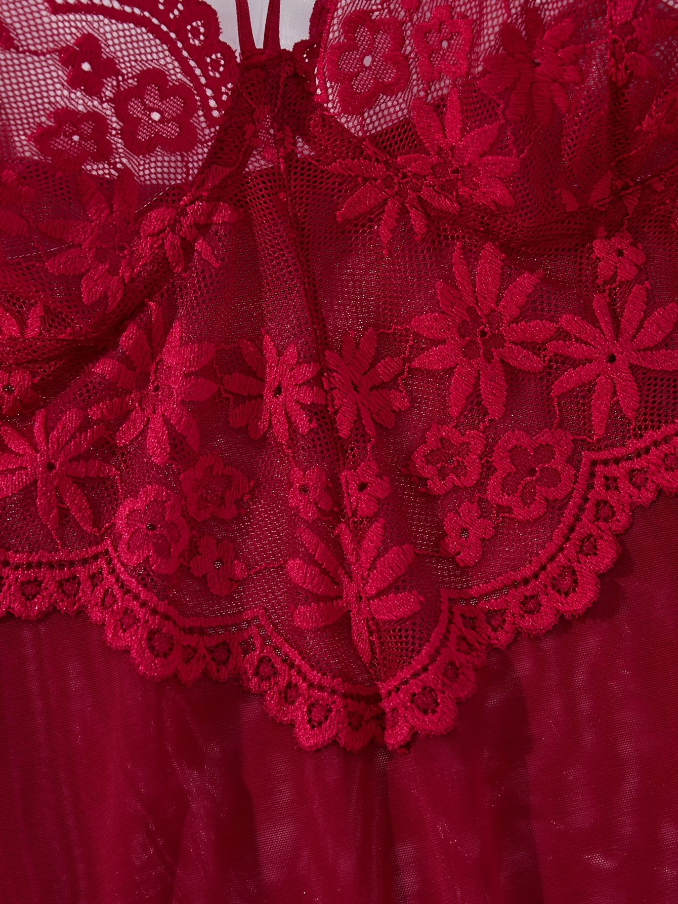 elegant solid color   short sleep dress wine red lace mesh panel bra fashionable semi sheer   nightwear with dual straps Product details 4