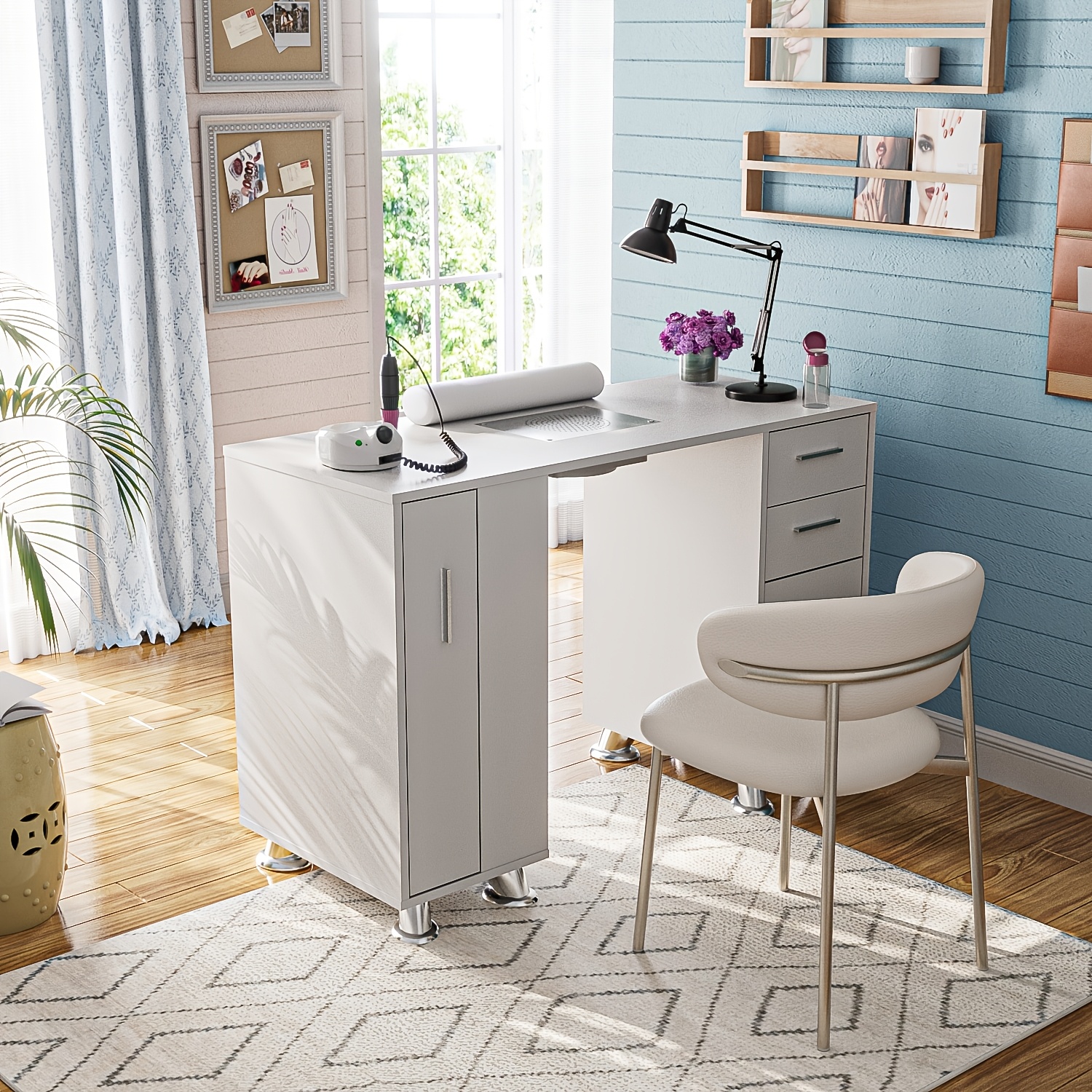 Image of Large Capacity Nail Table, Sturdy And Durable, With 2 Drawers, 2 Cabinets And A Hand Rest, Professional Nail And Nail Design Table