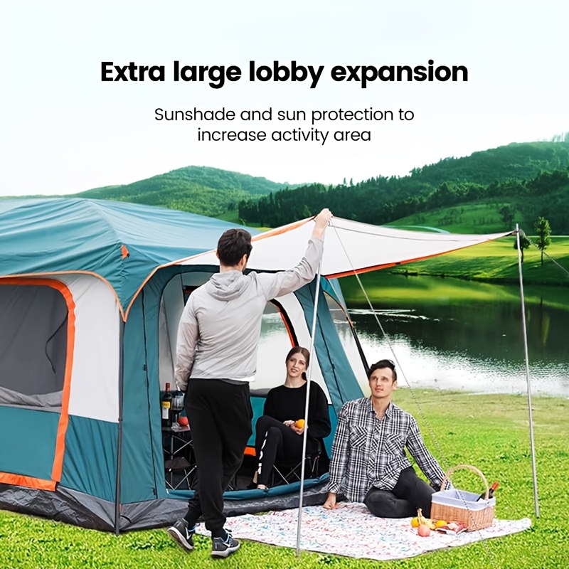 Portable Family Tent With 2 Rooms And A Living Area, Suitable For Camping Or Group Events, Can To 12 Individuals, In Dark Green Color