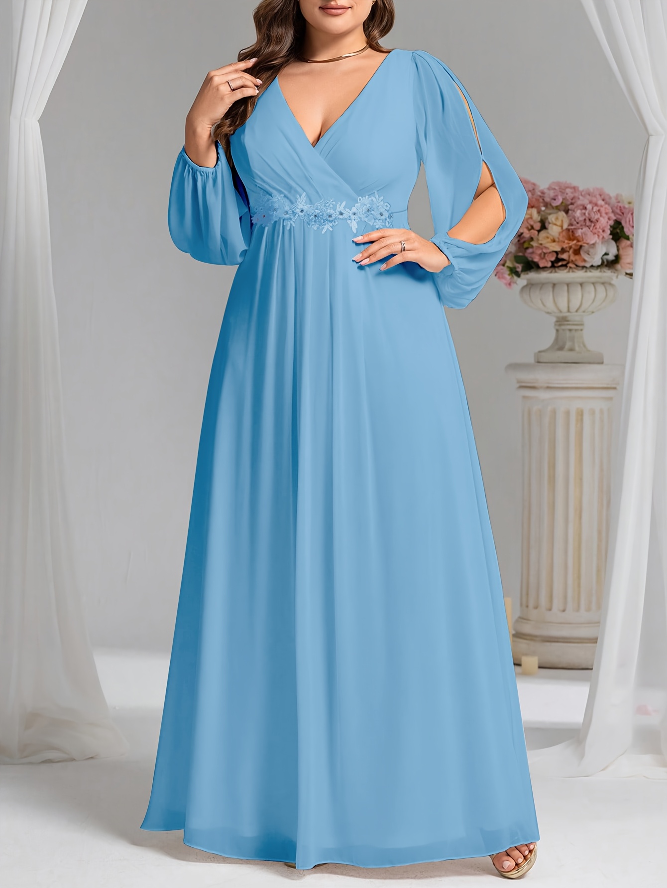 Plus Size, Plus Size Elegant Women's Wedding Bridesmaid Dress with Deep V  Neck, Slit Sleeves, and Embroidered * - * Weddings and Parties