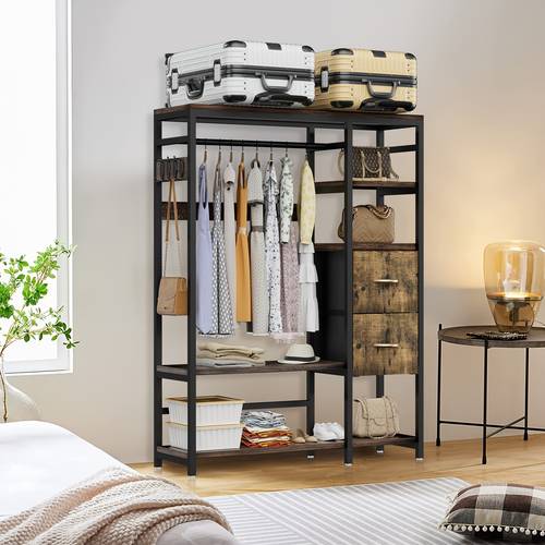 freestanding closet organizer for hanging clothes heavy duty garment rack with 2 drawers 4 hooks and storage shelves wardrobe closet clothing rack for bedroom living room closet organization systems portable closets