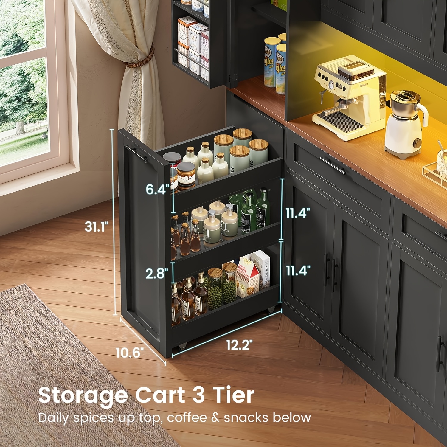71 Inch Kitchen Pantry Cabinet with LED Lights And Charging Station, 59 Inch Wide Wooden Storage Cabinet with 2 Drawers, 8 Doors, 3-Tier Storage Cart, And 4 Door Shelves, Pantry Storage Cabinet with Microwave Stand for Dining Room, Black, White