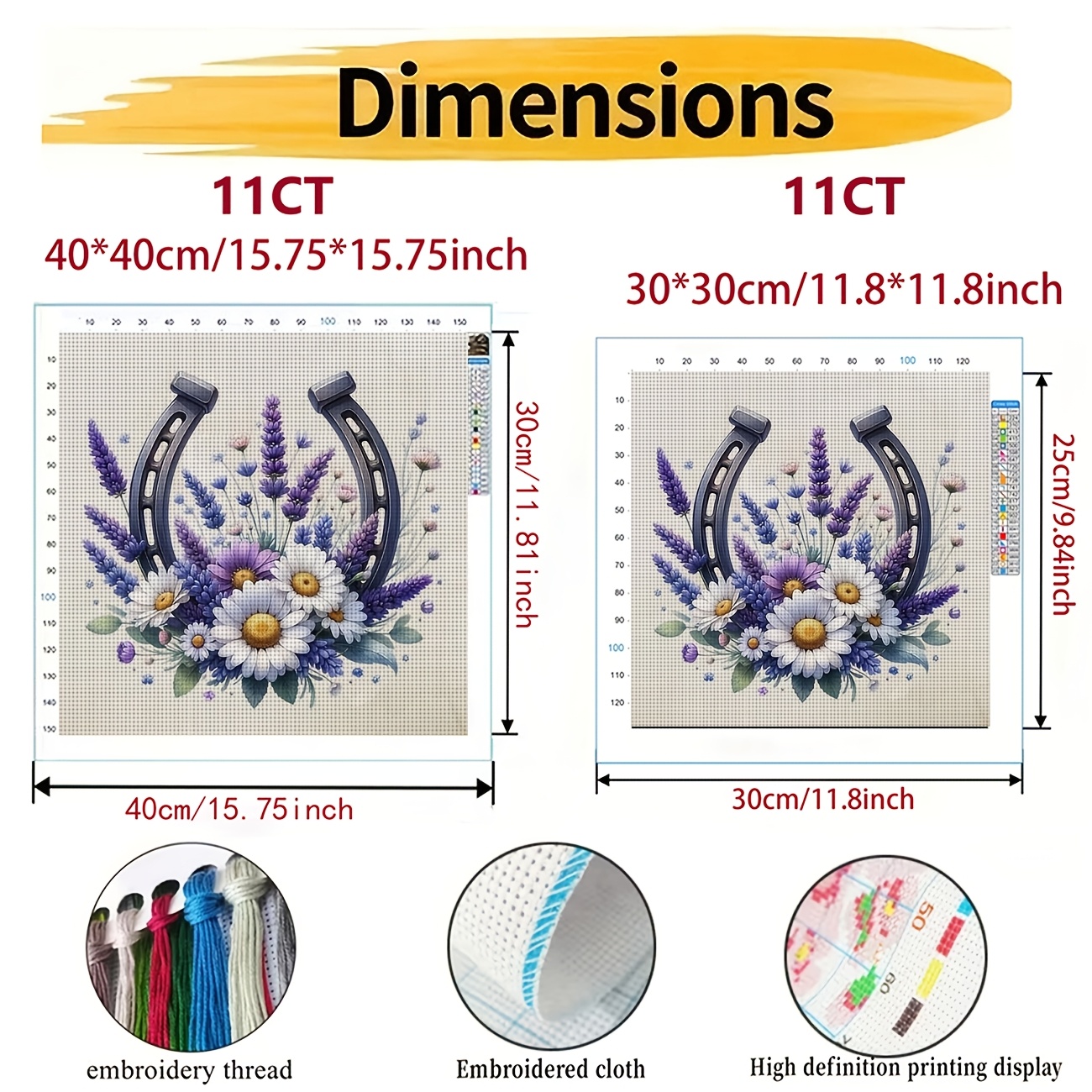 Cross-Stitch Printing Kit Without Frame, Lavender Daisy Horseshoe Design