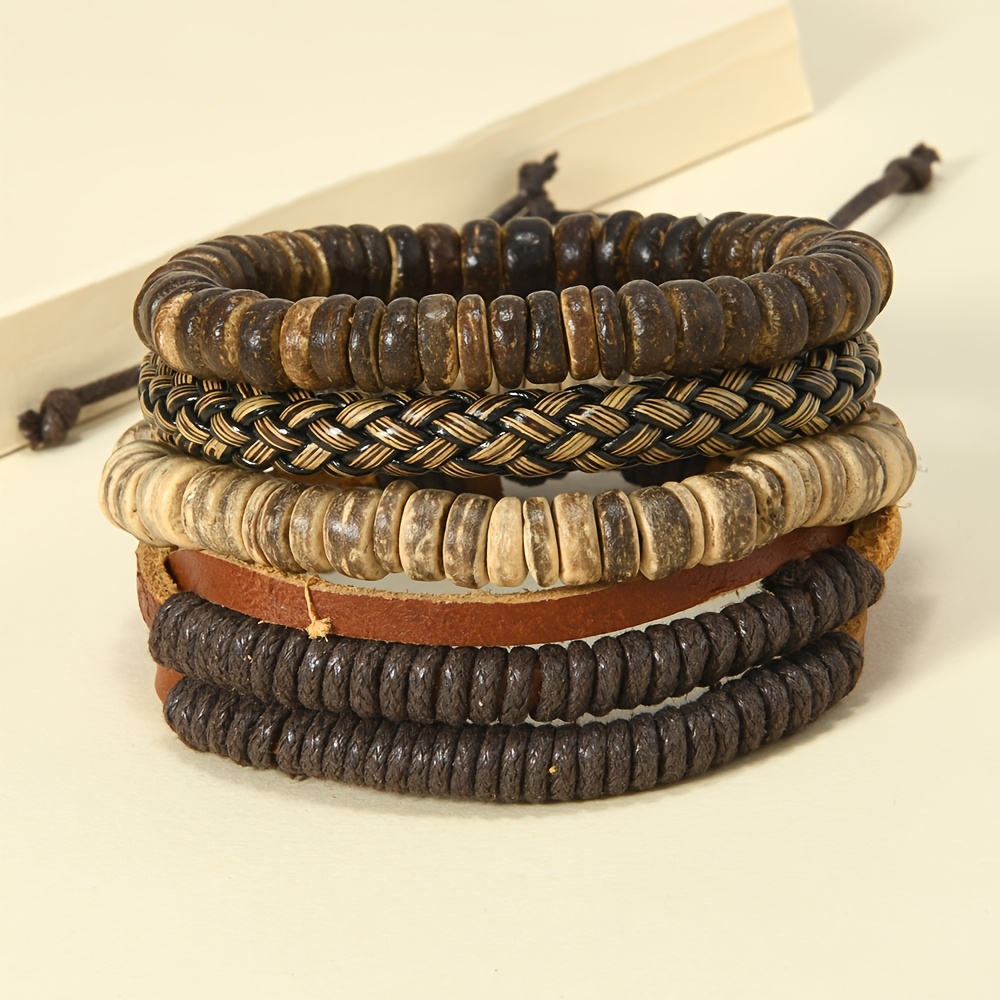 TEMU 4 pezzi Bracciale intrecciato retr簷 used con perline di legno piatte, multi-testura, , da , braccialetto boh矇mien da regolabile e impilabile