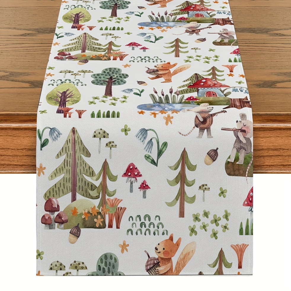 

1pc Decorative Table Runner, Cartoon Style Animals Fox Bear Rabbit Plants Table Runner, Table Runner For Coffee Table, Farmhouse Rustic Table Runner For Kitchen, Dining Table, Holiday Decor