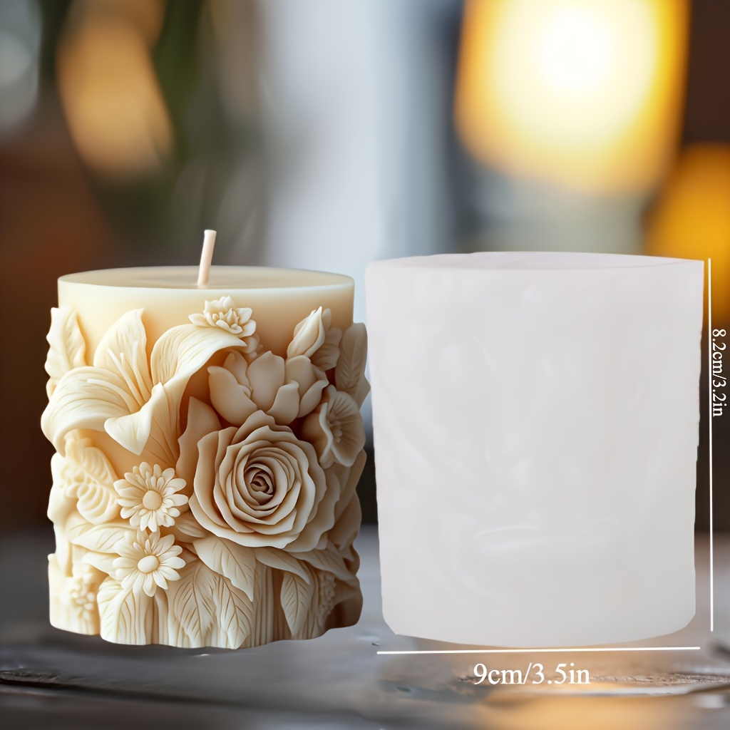 TEMU 1pc Eco Complex Floral Candle Mold With Roses & Lilies - Heavy-duty Heat-resistant (446°f) Silicone, Reusable Cylinder Mold For Wedding Candles,