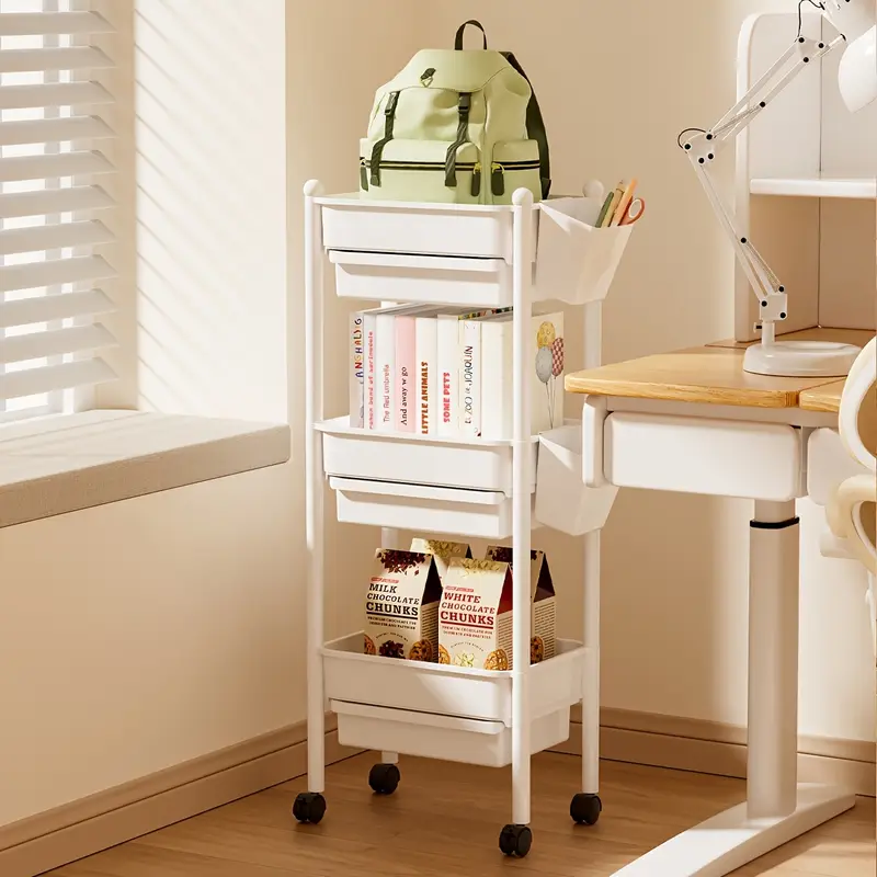 3-tier rolling bookshelf with 2 pen holders, supply organizer, assembly multi-functional storage rack for home or classroom, white, versatile shelving unit, , quality materials Product details 4