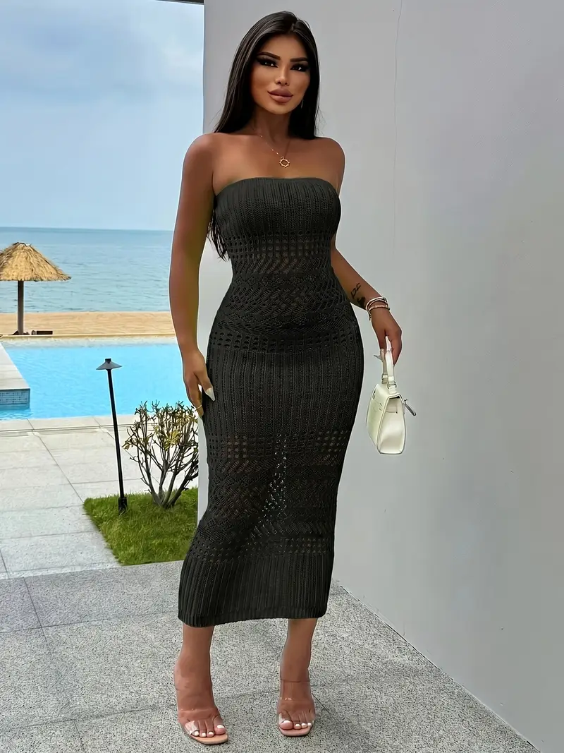 beach tube top dress Rafferiza Elegant Black Bandeau Tube Top Dress For Women, Summer Vacation Scooped Pleated Bust Textured Fabric Loose Beach Dress