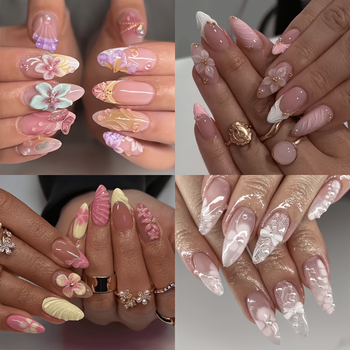TEMU 96 pièces d'ongles français 3D à pression pour femmes - Faux ongles amandés de longueur moyenne avec pointes nude et motif floral papillon et