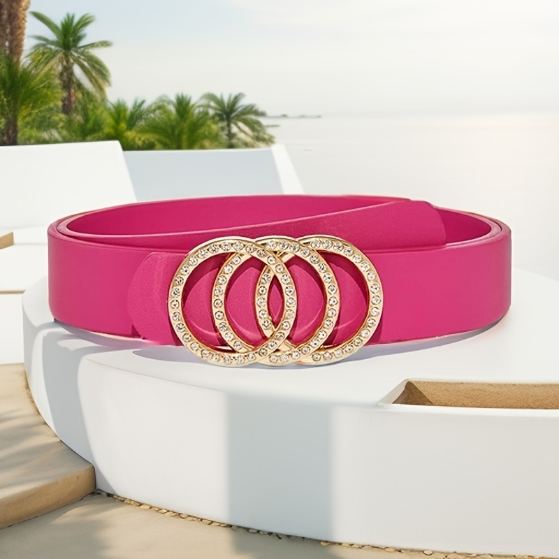 Rose Red Belt with Rhinestone Buckle - Adjustable Waist