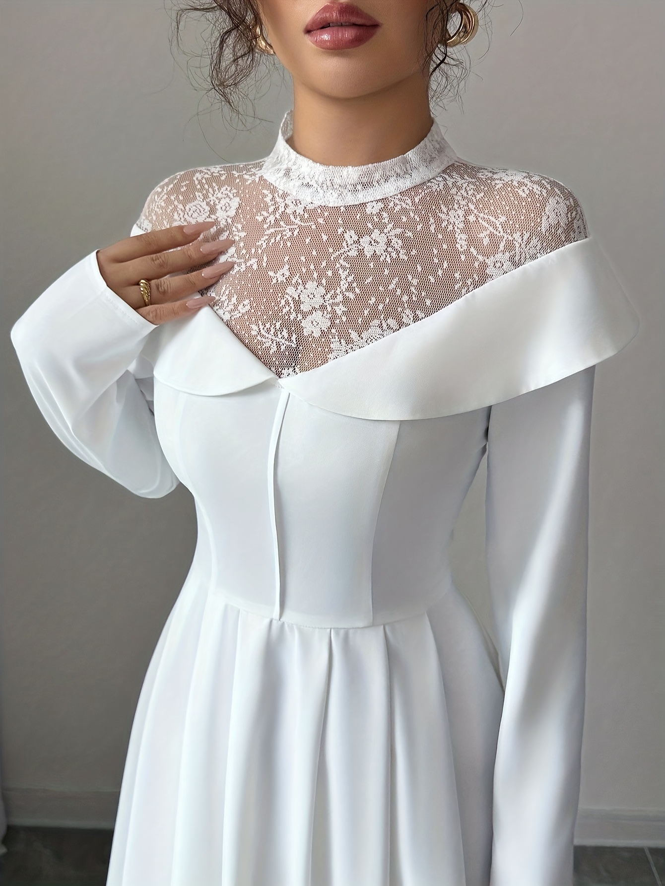 s elegant white a line maxi dress with mesh panel lace like sheer back long sleeve length wedding guest gown round neck formal evening dress machine washable no stretch Product details 16