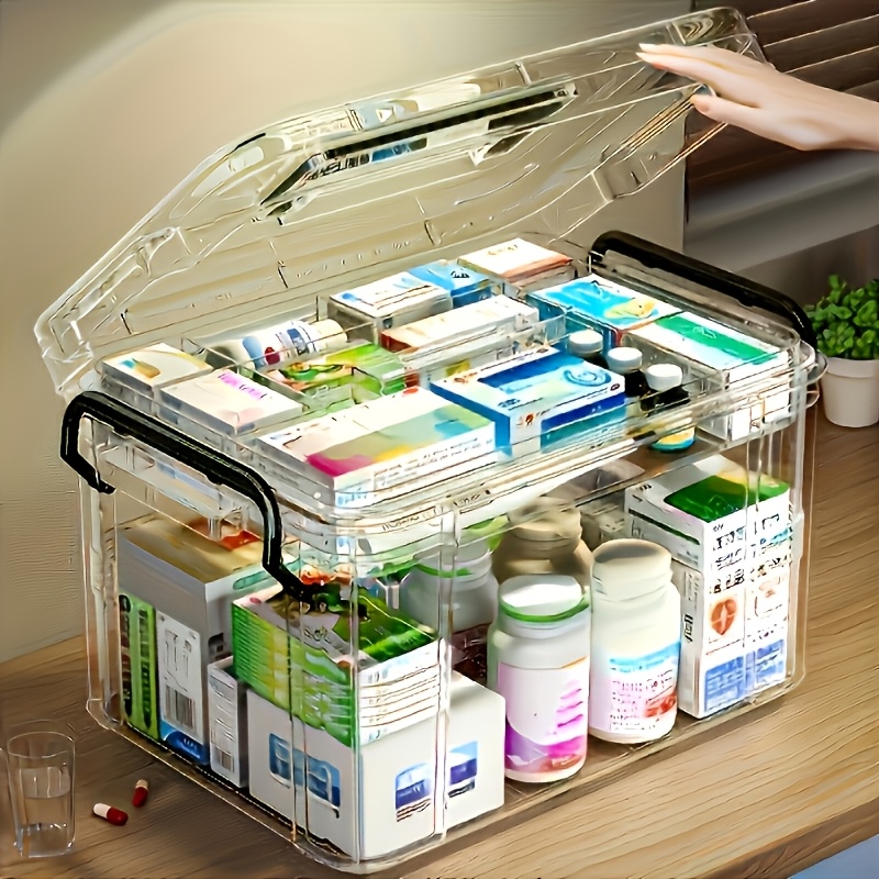 

Clear Multi-tier Medicine Storage Box With Handle And Lid, Large Capacity Portable Pill Organizer For Desk, Bedroom, Home, Dorm, Dustproof Plastic Compartment Design For Medications