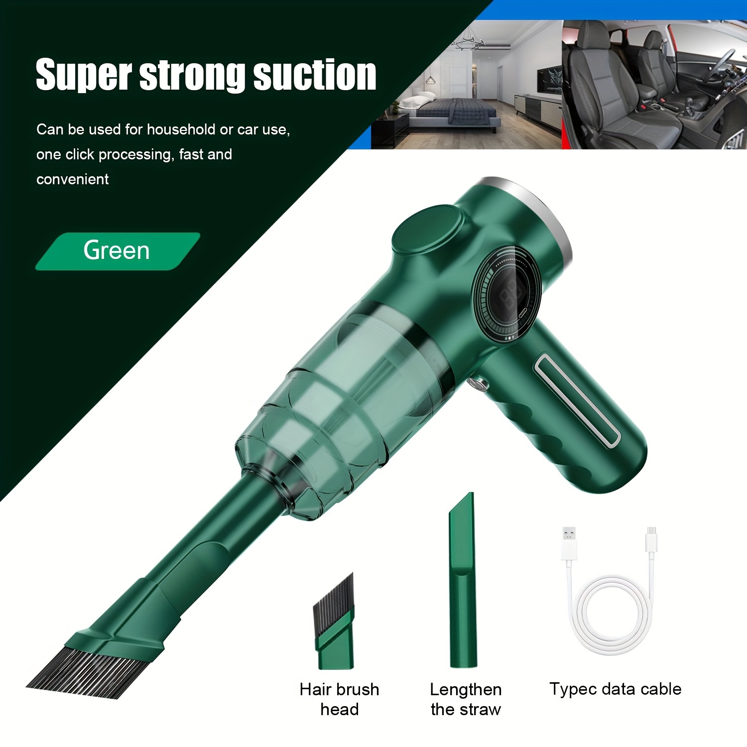 TEMU 1 Aspirateur à Main Fil 2-en- Puissant - Haute Puissance d'Aspiration, Léger, Portable avec Batterie au Lithium Rechargeable, Inclut Brosse à