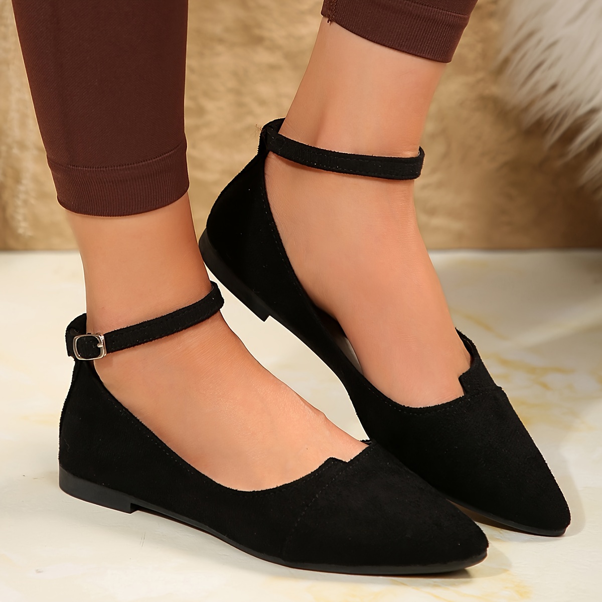 Ankle Strap Black Plain Flats Elegant Women's Black Cover Flats