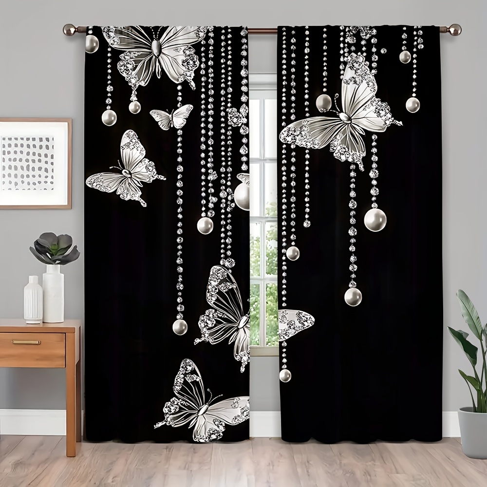 

2pcs Elegant Print Semi-sheer Curtains, Contemporary Rod Pocket Window Drapes, Machine Washable Polyester For Bedroom And Living Room, 90-100gsm Knit Weave, Gothic