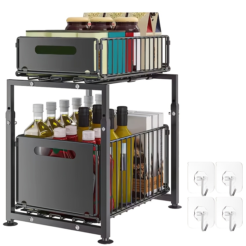 TEMU Adjustable Double-tier Black Metal Storage Rack - Space-saving Under-sink Organizer For Kitchen & Dining, Holds 19.29" H X 13.78" W X " D,