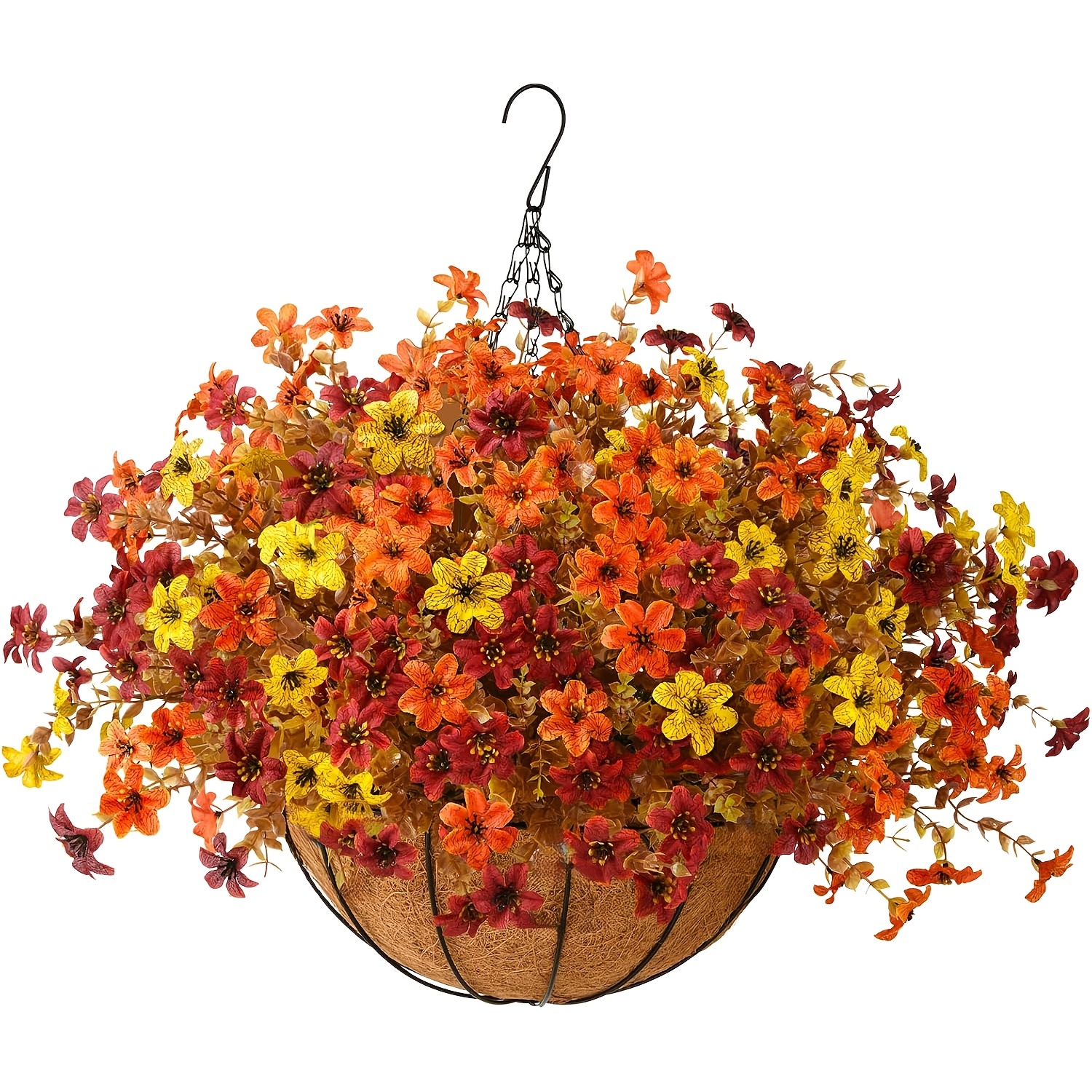 TEMU 1 Set Fall Flowers Hanging Basket- Fade Resistant Uv-protected Realistic For Summer To Fall Porch, Patio, Yard& Thanksgiving Decor, No Watering