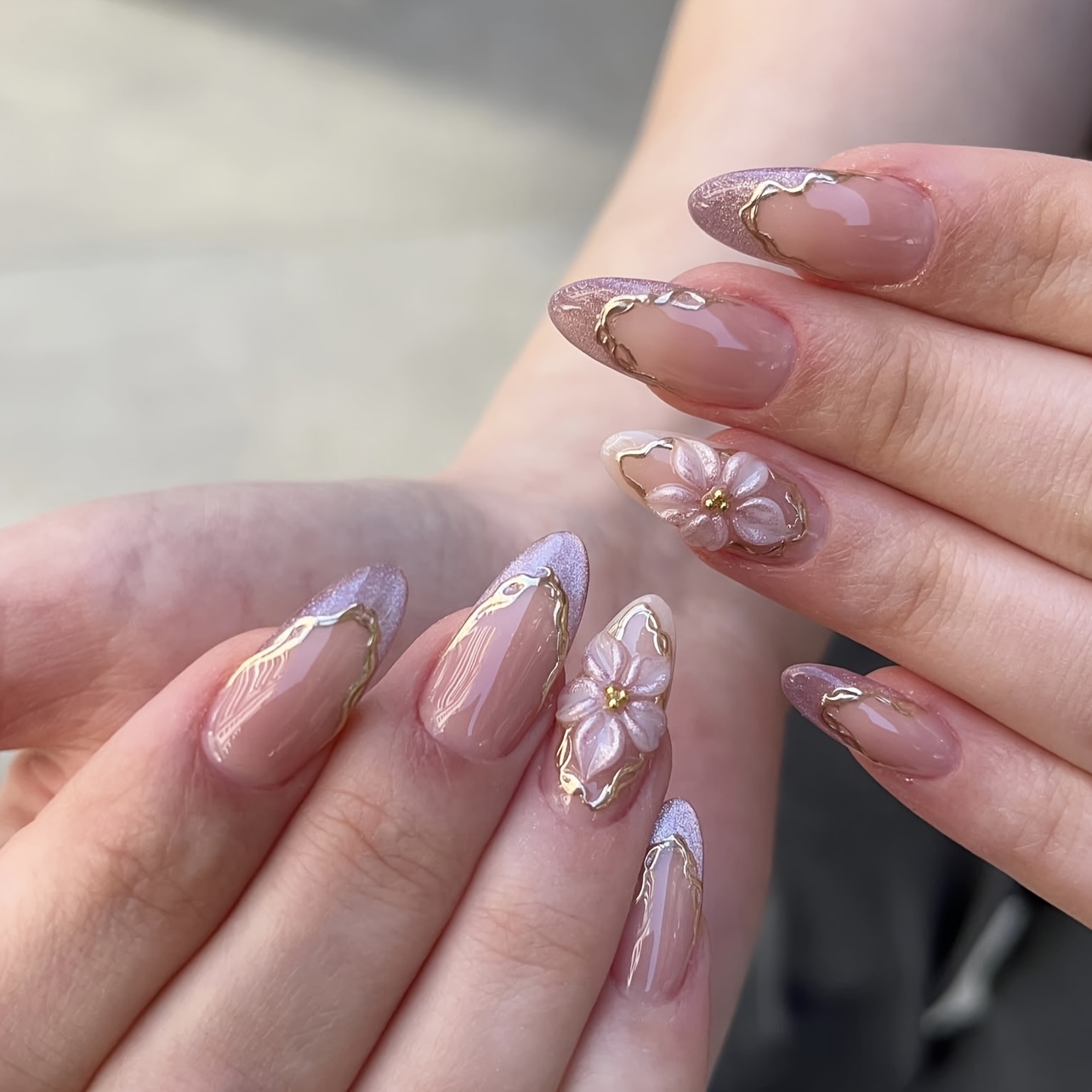 TEMU 24pcs Handmade 3d Flowers With Retro Irregular Golden Lines Fake Nail Patches - Almond Shape, Gradient Purple Eye Nail Art Supplies, 12 Sizes