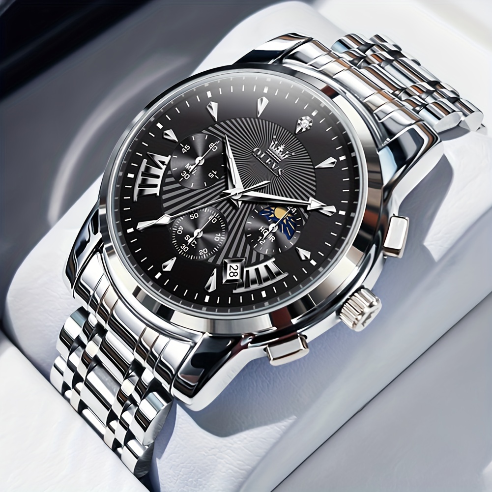 Image of Olevs Chronograph Watches For Men, Fashion Dress Quartz Stainless Steel Moon Phase Luminous Date Luxury Men's Wrist Watches, Gift, Red/blue/