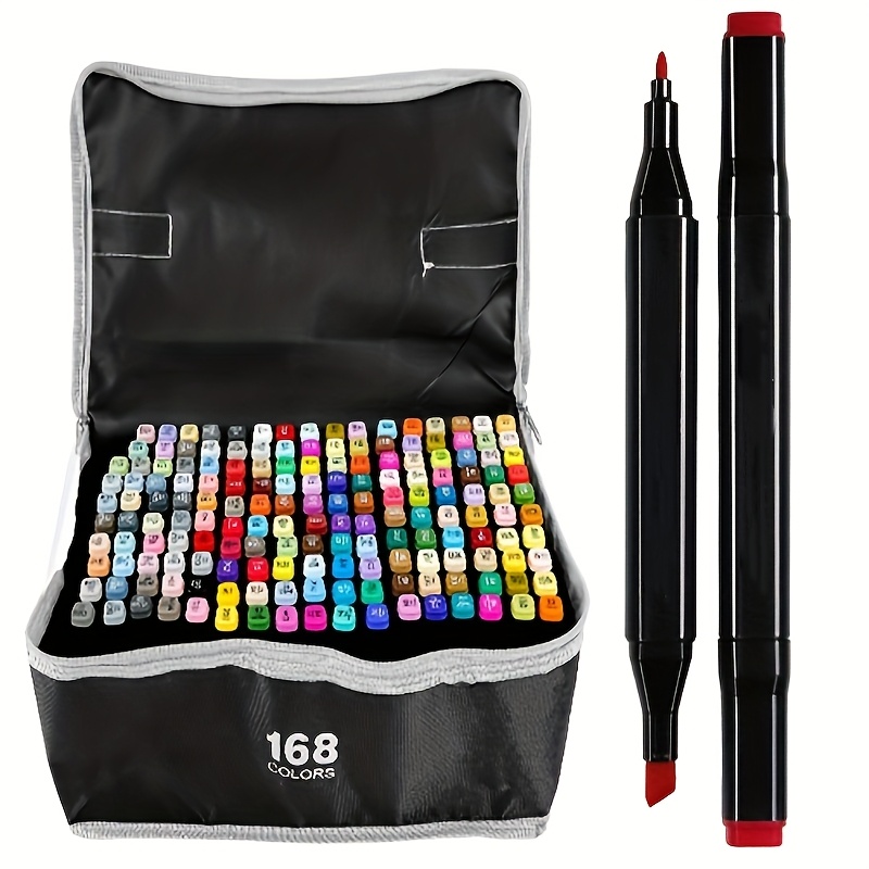 

168 Art Marker Pen Setup App, Double Tips Artist Marker Wide And Beautifully Presented Student Adult Artist Drawing Coloring Graphic Design With Suitcase