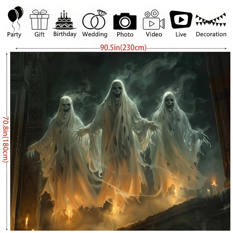 TEMU 1pc Halloween Haunted House Banner, Gothic Polyester Backdrop, With , , And Zombies, For Parties , No Electricity Needed