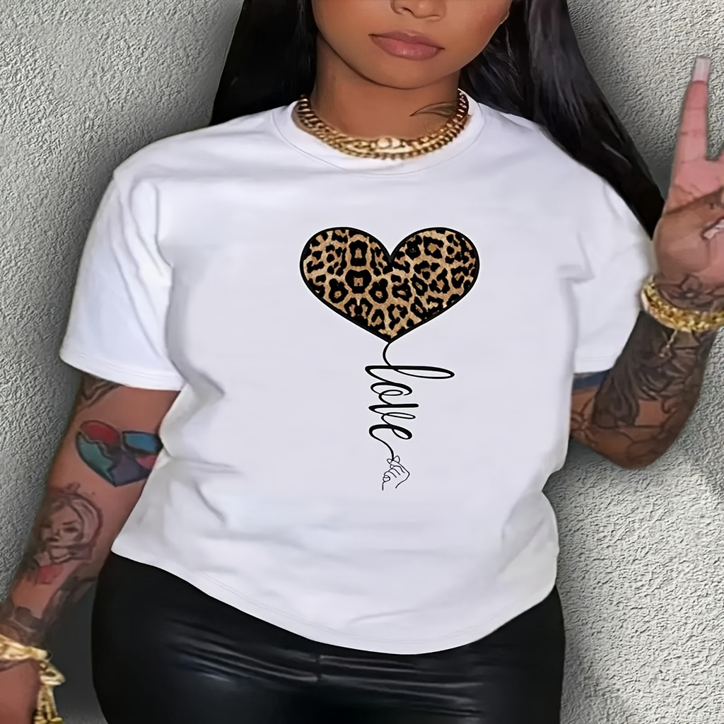 

Plus Size Women' T-shirt With Leopard Heart Print - Casual Crew Neck, Short Sleeve, Stretchy Polyester , Machine Washable, 1-8xl, Plus Size Shirts