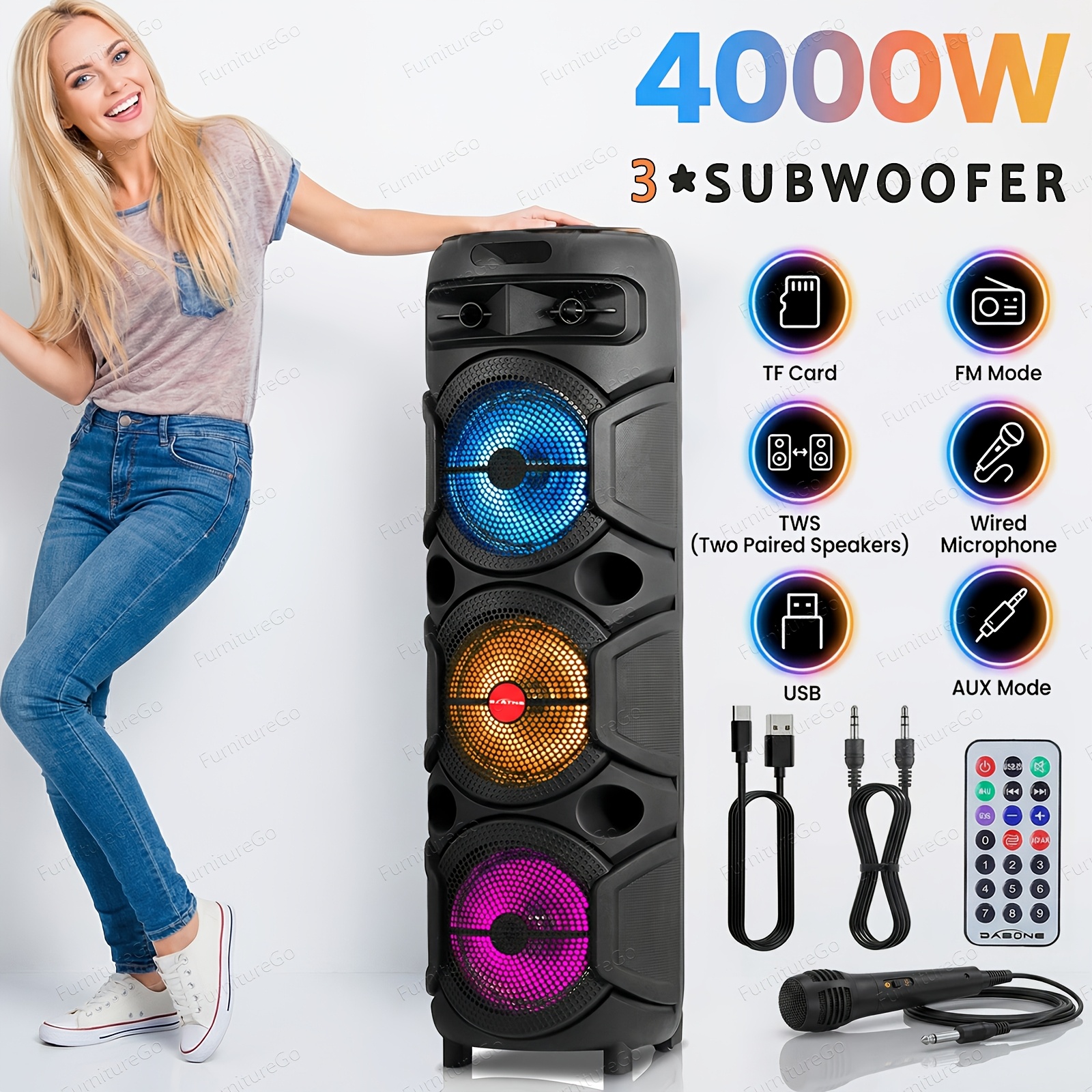 TEMU Inch Wireless Pa Speaker System - 4000w Rechargeable Outdoor Wireless Speaker Portable Pa System Wired Microphone, For Party Lights, Usb, Radio,