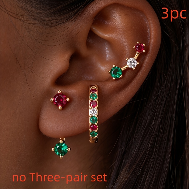 TEMU 3pcs Christmas Color Matching Set Earrings Studs Women's Jewelry, Delicate Polished Solid Copper, Transparent Synthetic Zirconia, -, Daily