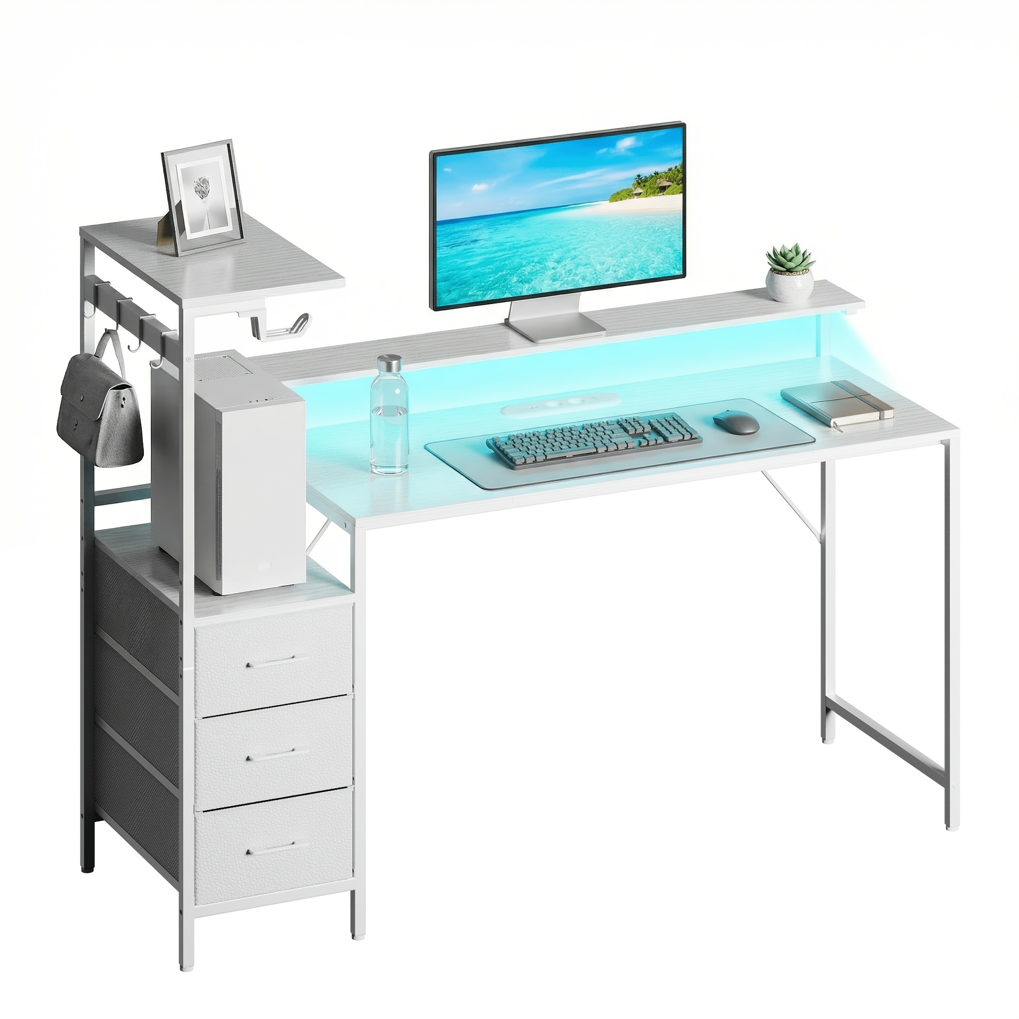47/59-inch Home Office Desk, 3 Drawer - Computer Table Featuring Iron Hanging Rack, Workstation With Power Sockets, Storage Space, Pc Gaming Desk With Monitor Stand
