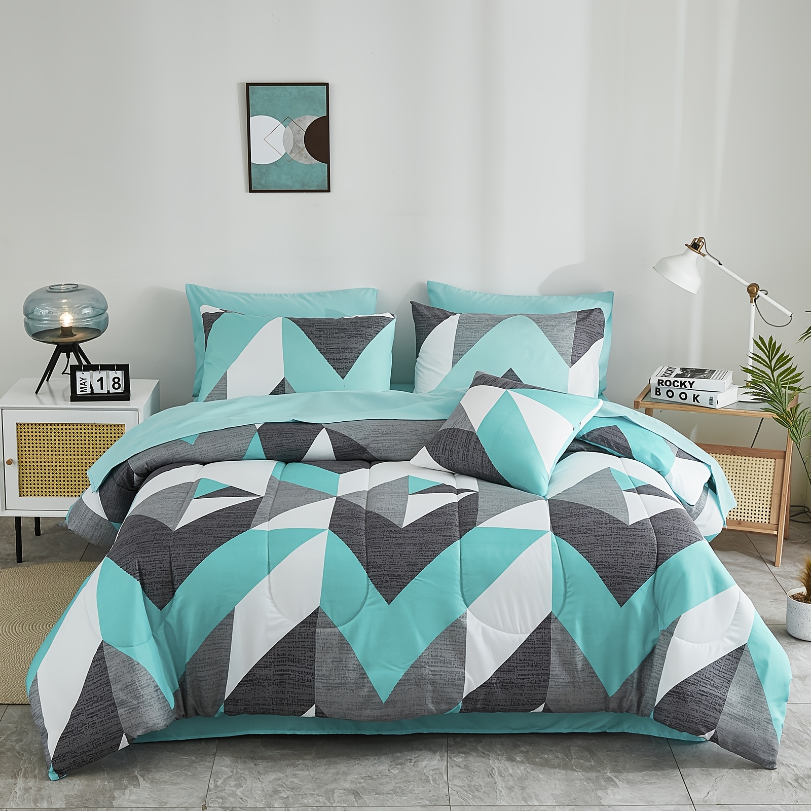 Teal And Grey Comforter Set 8pcs King Size Bed In A Bag Geometric Chevron  Teal Comforter Set With Sheets Soft Cozy Microfiber Lightweight Queen Bed Se, image size:1600x1600