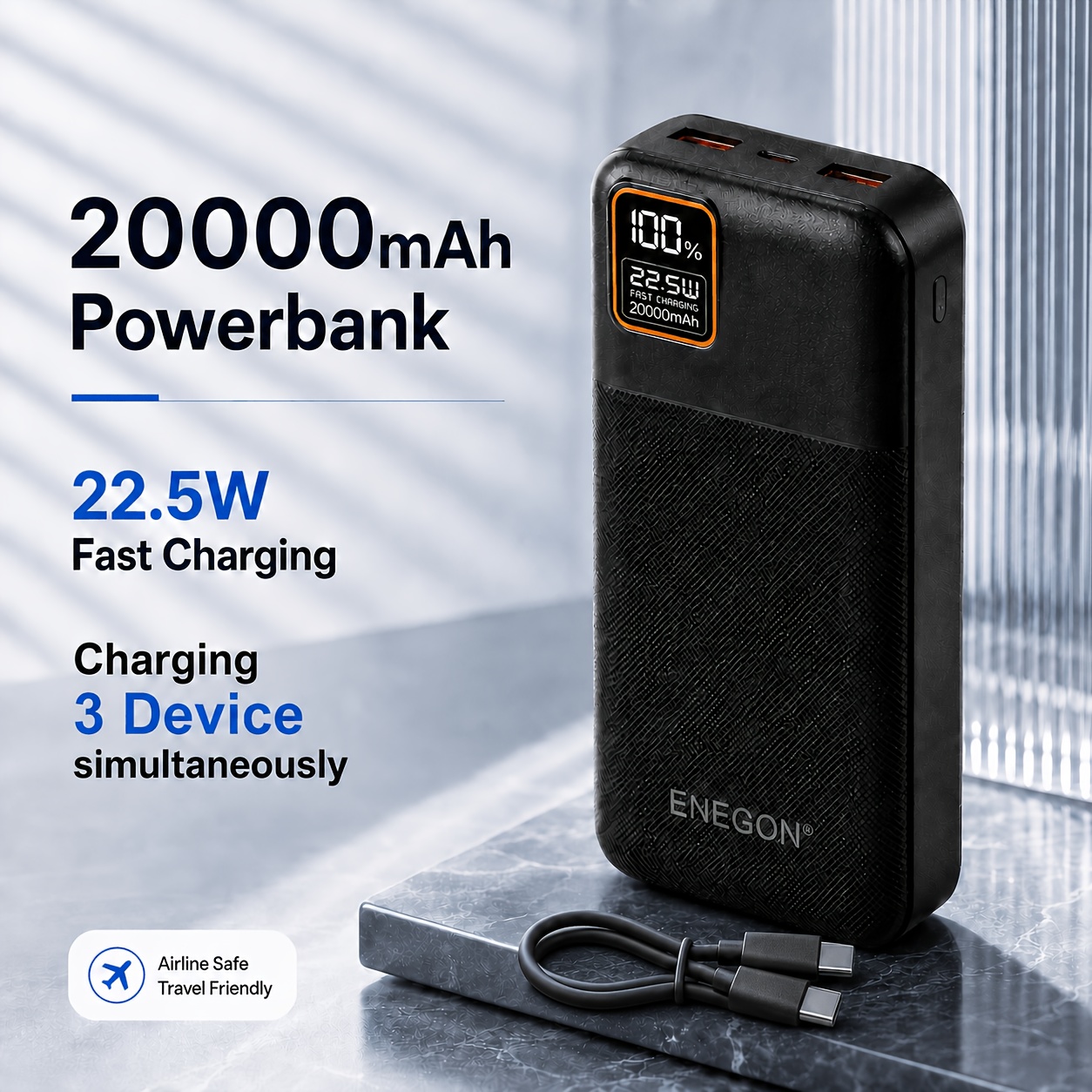 TEMU Enegon 20000mah Power Bank, 22.5w Pd Fast Charging Portable Charger, Led Digital Display, Usb-c Input And Output, 3 Outputs 2 Battery Pack, For