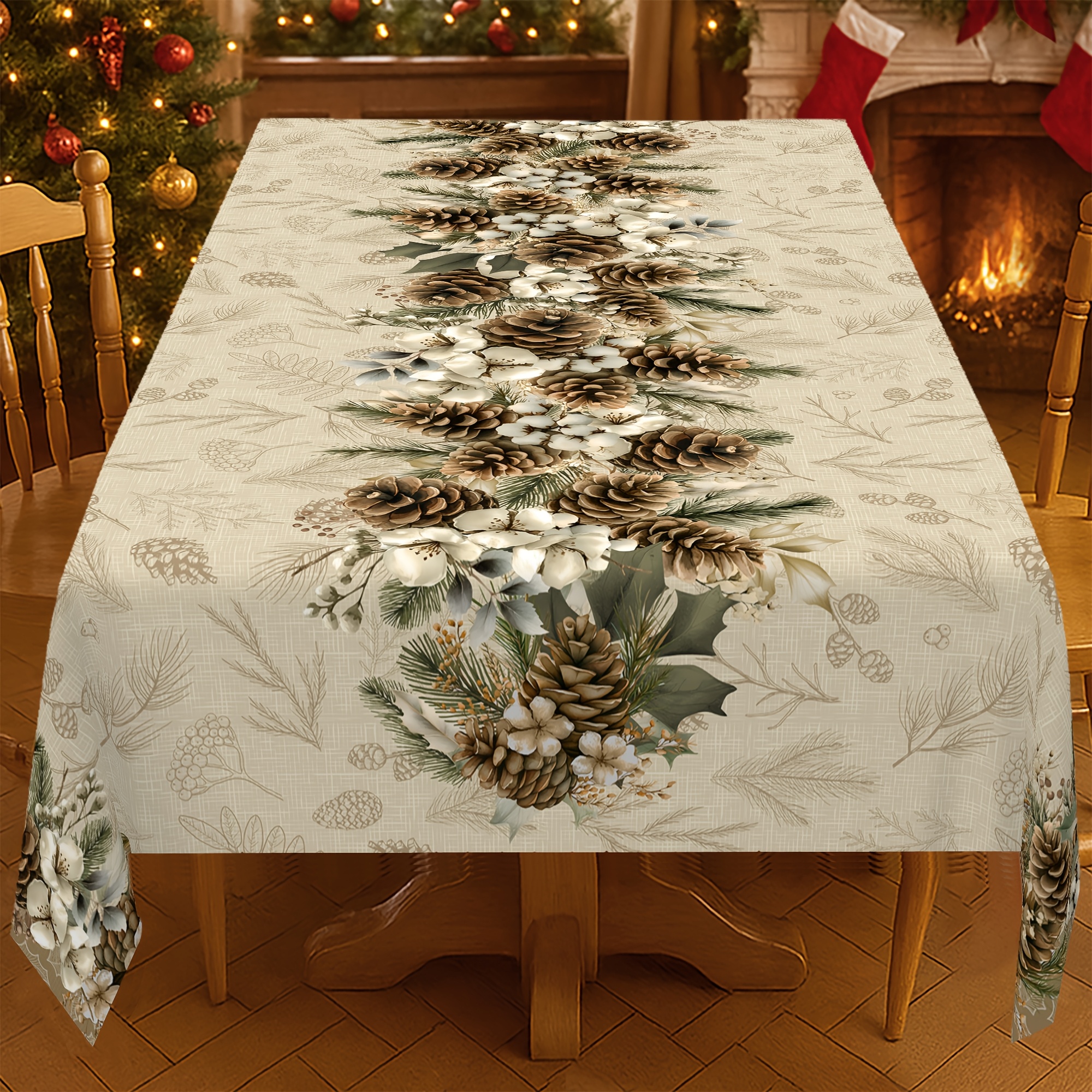 TEMU 1pc 2d Flat Rectangular Branch And Tablecloth, Natural Pine Needle And Design, Beige-brown Nordic Style Winter Tablecloth, Suitable For