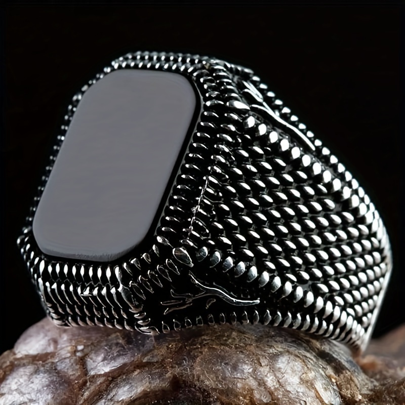 

A -border Hot Selling New Retro Imitation Natural Black Square Agate Pattern Ring Men's Personalized Ring