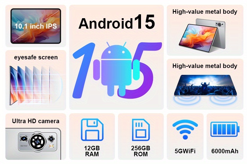 UXD A5 Android 15 Tablet 10.1-inch IPS Display, 12GB RAM, 256GB ROM + 1TB Uitbreidingsondersteuning, Ondersteunt 4G LTE/WiFi, Octa-core Processor, 6000mAh Batterij, Complete met Toetsenbord, Muis, Stylus, Beschermhoes en Volledige Set Accessoires