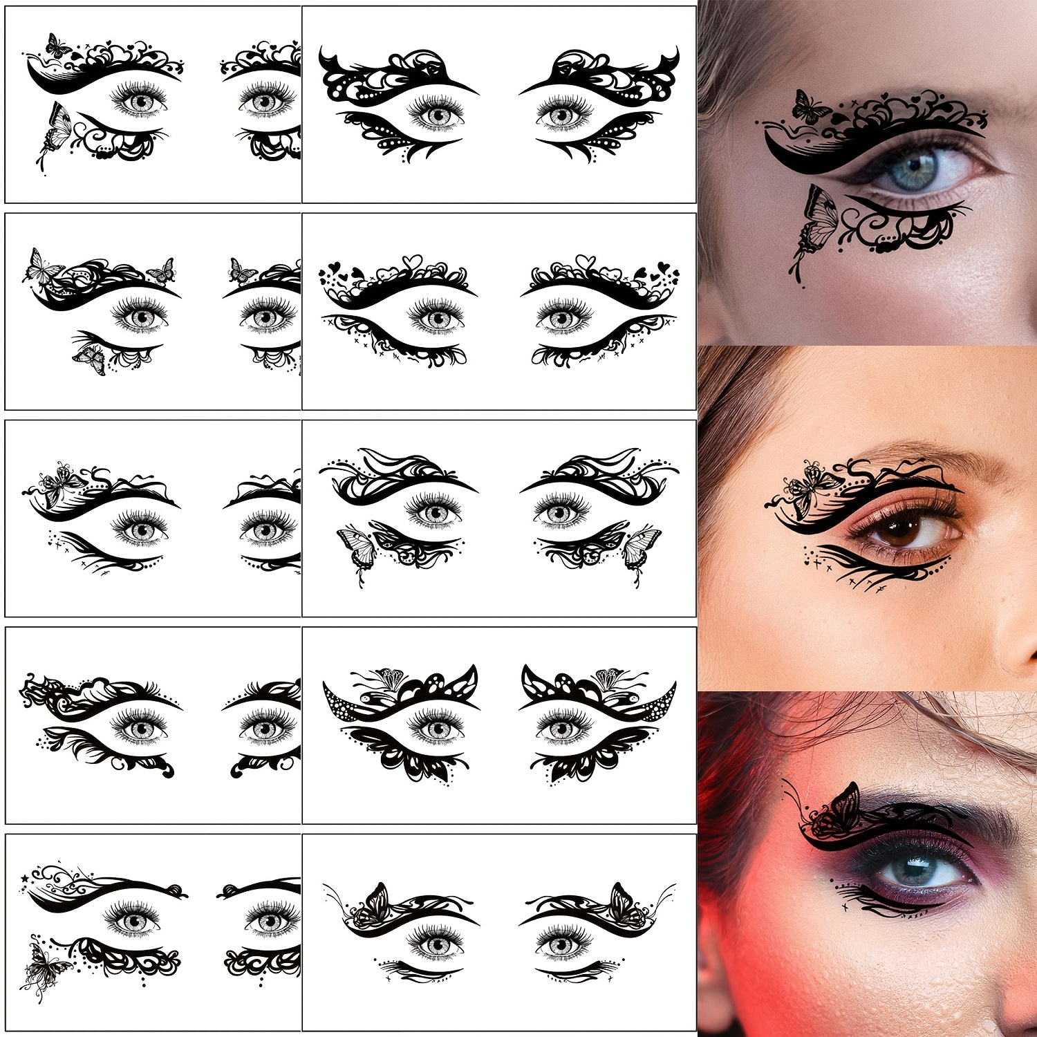 Image of 10pcs Temporary Eye Tattoos, Black Waterproof Realistic Fake Tattoo Stickers For Women – Perfect For Parties And Face Makeup
