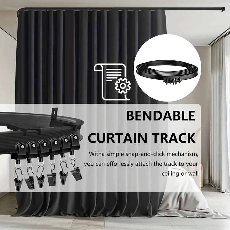 

Flexible Black Ceiling Curtain - , Bendable Design With Snap-and-click Mechanism For Shower Curtains & Room Partitions, Includes Multiple Hooks