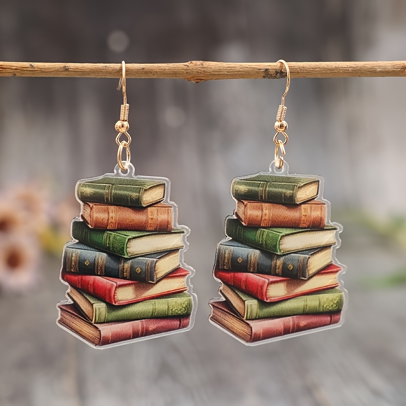 1 Pair Vintage Graduation Season Stacked Books Acrylic Creative Earrings, Without Battery