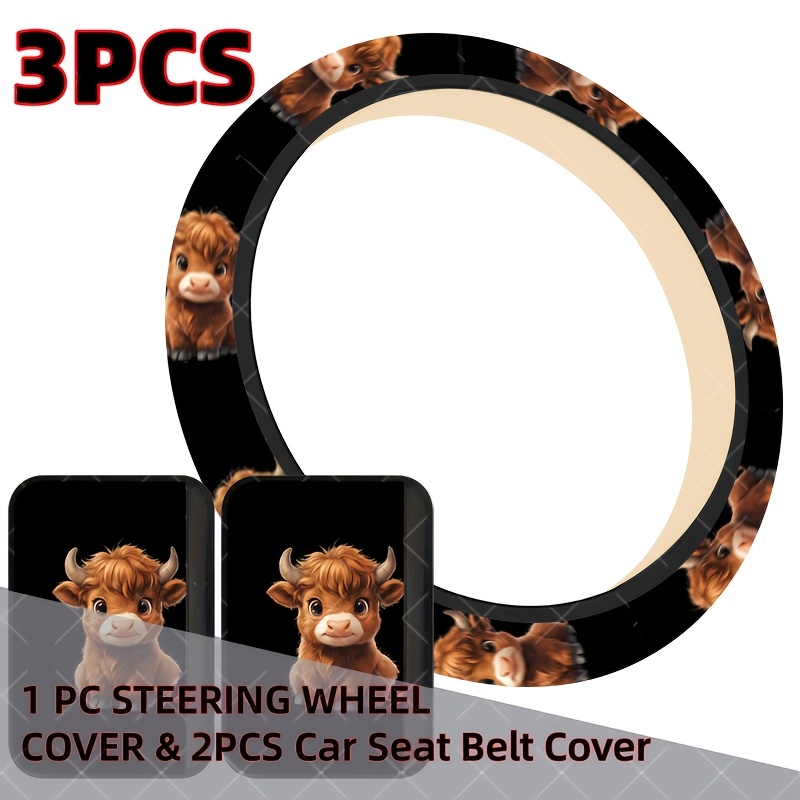TEMU 3pcs Set Fluffy Brown Highland Calf With Big Black Background Car Interior Set, Adorable Cute-themed Charming Whimsical, Includes 1pc Universal