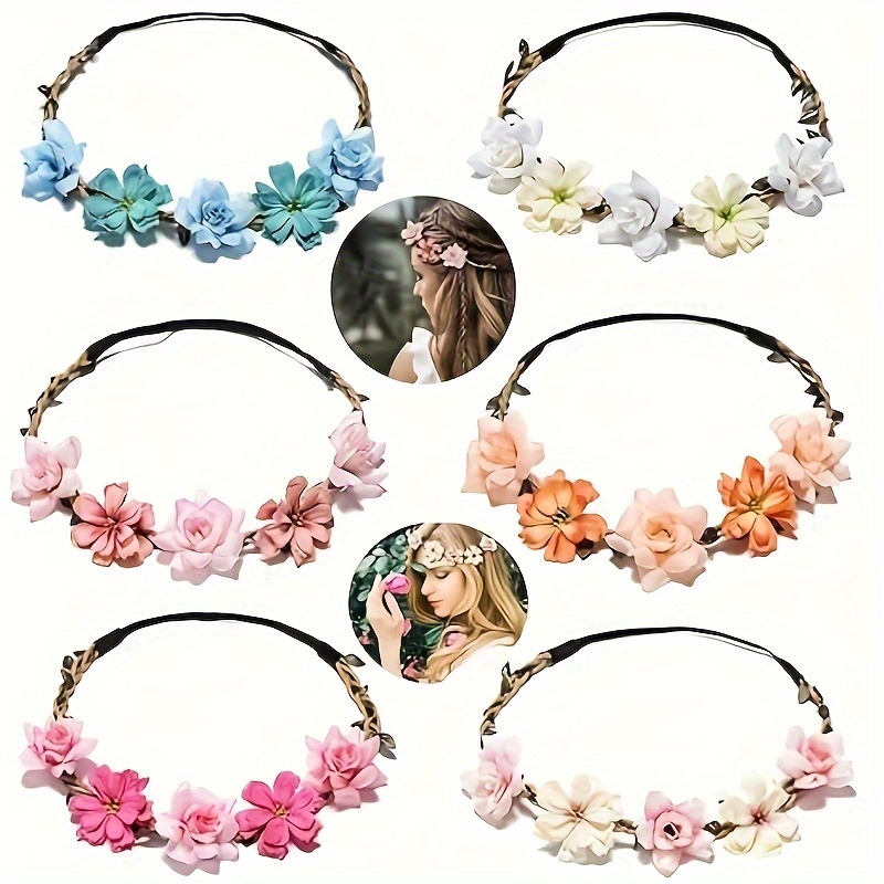 

6pcs Bohemian Floral Crown Headbands For Women And Girls - Assorted Colors, Bridal Wedding Flower Hair Wreaths, Bridesmaid And Flower Accessories, Adjustable Boho Hairbands For Festive Occasions