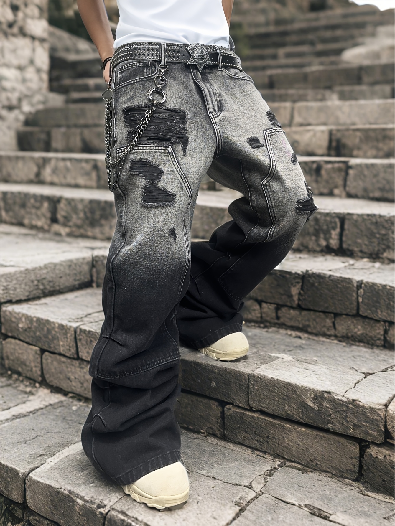 *'S Streetwear Flared Denim Loose Fit Non-Stretch Denim Pants  Bottoms Urban Fashion Trousers for Casual Outfits Concerts (No Belt  Needed)